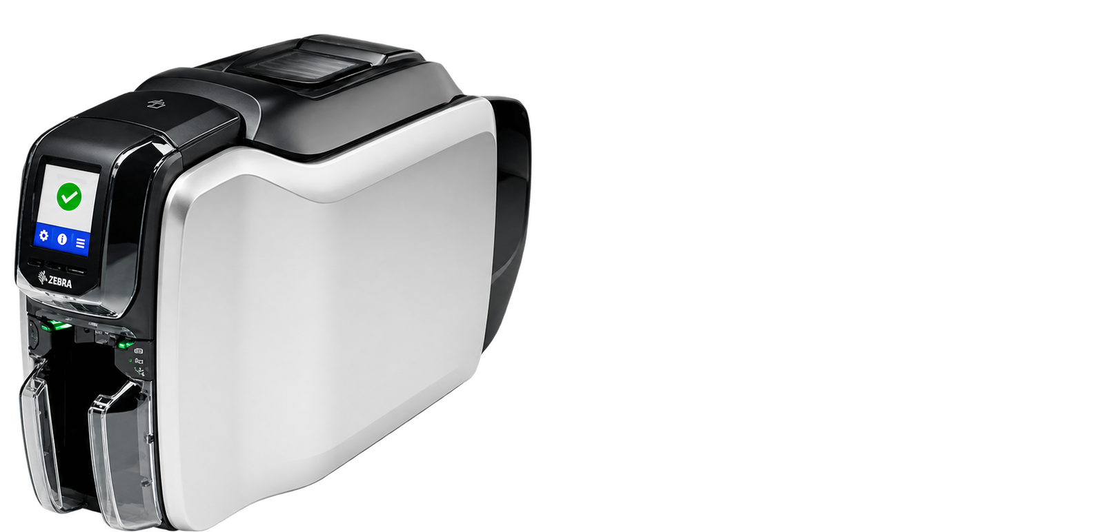 Zebra ZC300 card printer producing employee ID badges and membership cards